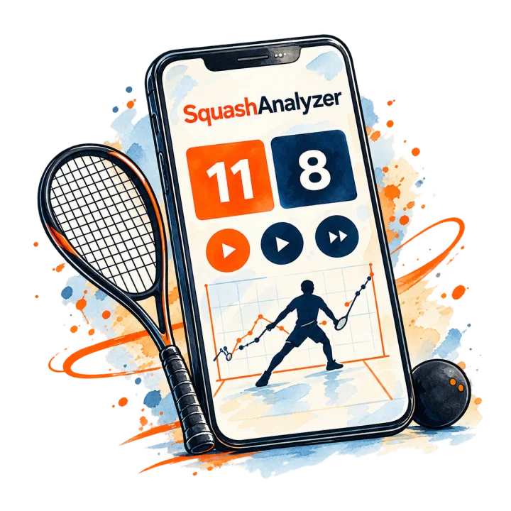 Getekende telefoon met de SquashAnalyzer-app, een squashracket en een bal.