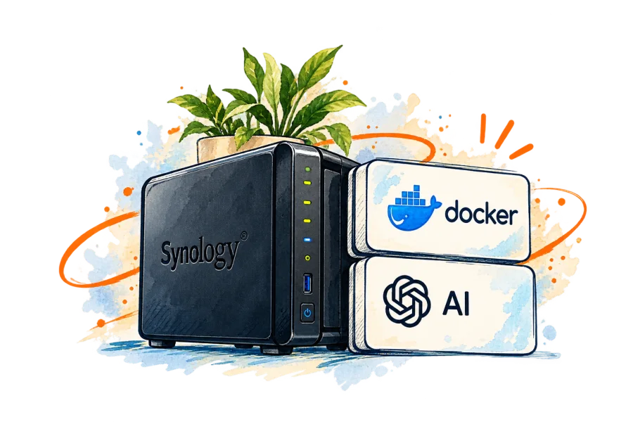Getekende Synology NAS met een plant, naast kaarten voor Docker en AI.