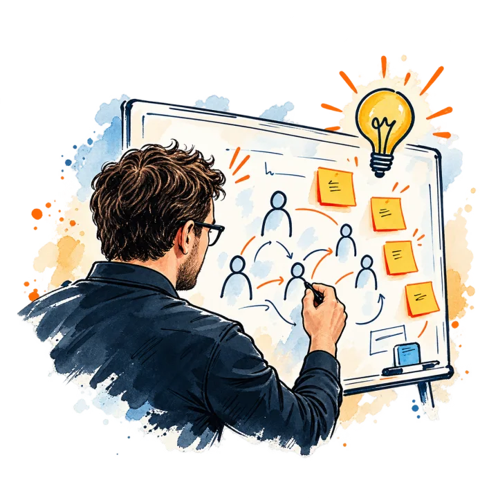 Getekende coach die mensen en verbindingen op een whiteboard tekent, met post-its en een lampje.